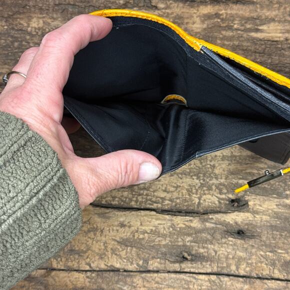 Lodis Mustard Yellow Patent Leather Wallet Perforated Bifold Zip Coin Pocket - Picture 9 of 11